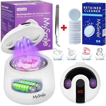 Mysmile 48kHz Rechargeable Ultrasonic Retainer Cleaner UVC Sterilizer Machine Dental Cleaning Pod for Denture Cleanser