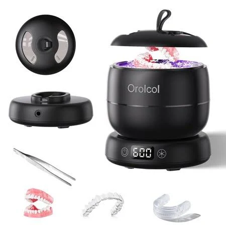 Orolcol Ultrasonic Uv-c Denture Cleaner ,42KHz Retainer Cleaner Machine for Invisalign Portable Waterproof Mouth Guard Cleaner with Timer 3-Mode 180ml