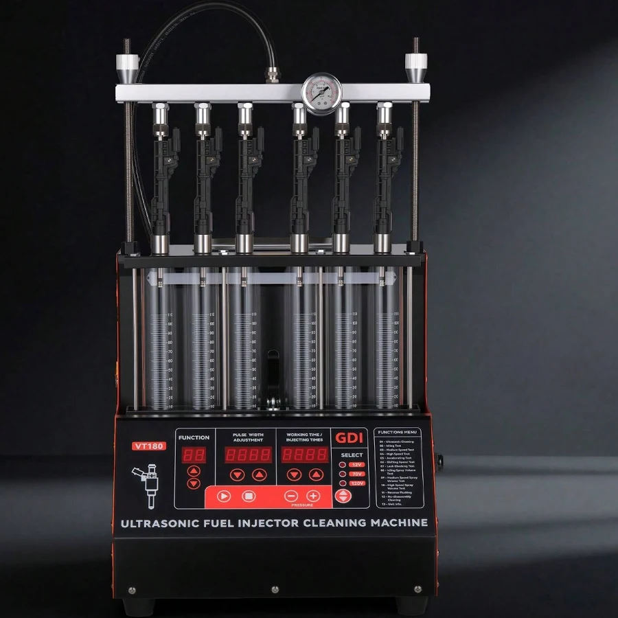 VEVOR 6-Cylinder Fuel Injector Cleaner Tester Ultrasonic Cleaner Parts Machine 9 Test Modes 28kHz Ultrasonic Cleaning Adjustable 12V 70V 120