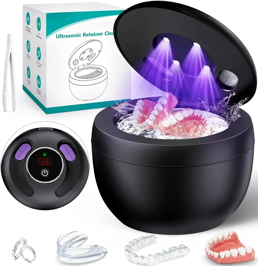 Upgraded Ultrasonic Retainer Cleaner Machine 48kHz, Dental Cleaning Pod, Ultrasonic Retainer cleaner for Dentures, Aligners, Mouth Guards, Night 