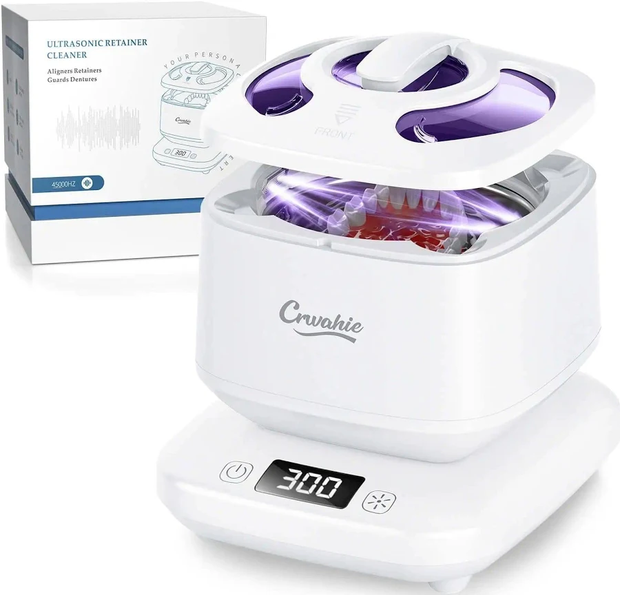 Detachable 45kHz Ultrasonic Retainer Cleaner With 3 Cleaning Modes, Visible Window And Digital Timer For Mouth Guards, Dentures, Aligners, Braces, And