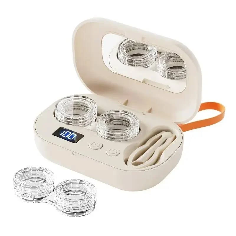 Ultrasonic Contact Lens Cleaner Rechargeable Eye Contact Cleaner with Vanity Mirror Compact Contact Lens Cleaner with Two Cleaning Modes Fits Hard, 