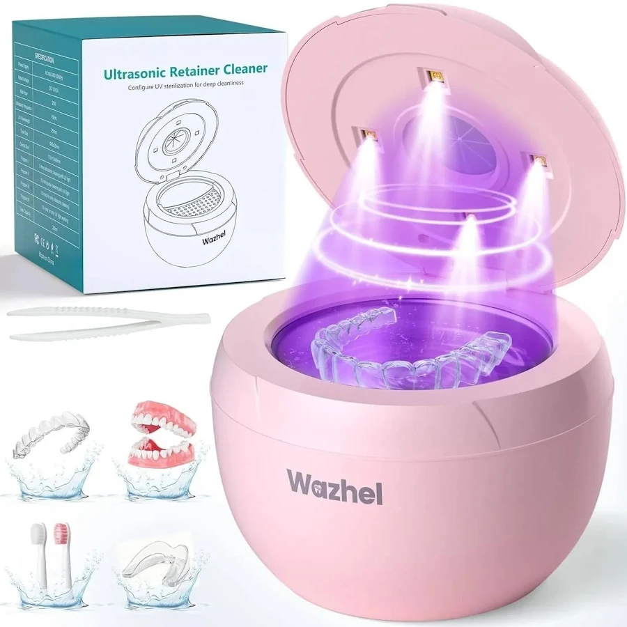 Ultrasonic Retainer Cleaner Machine, 45kHz for Denture, Aligner, 200ML Pink1