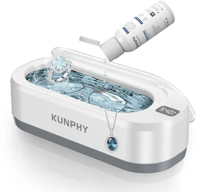 Upgraded KUNPHY Ultrasonic Jewelry Cleaner with 50ml Solution, 48KHZ, 12OZ Capacity, Ultrasonic Cleaner with 3 Digital Timer, Touch Control, Idea for 