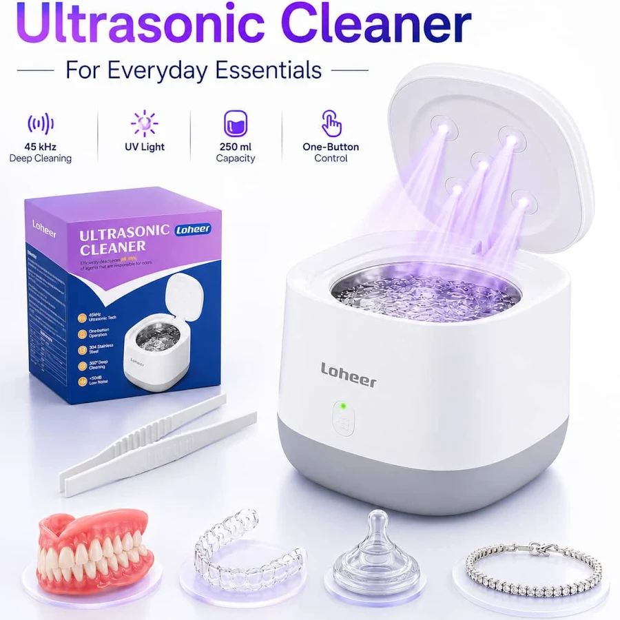 Loheer - Ultrasonic Retainer Cleaner Machine, 45kHz Dentures Cleaner with 4 UV Lights for Braces, Jewelry, Mouth Guards