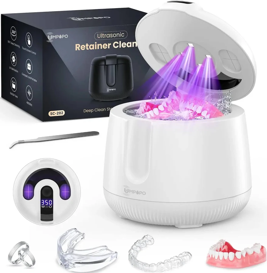 UMPOPO Ultrasonic Retainer Cleaner Machine 48kHz, Dental Cleaning Pod, Ultrasonic Retainer cleaner for Dentures, Aligners, Mouth Guards, Night Guards,