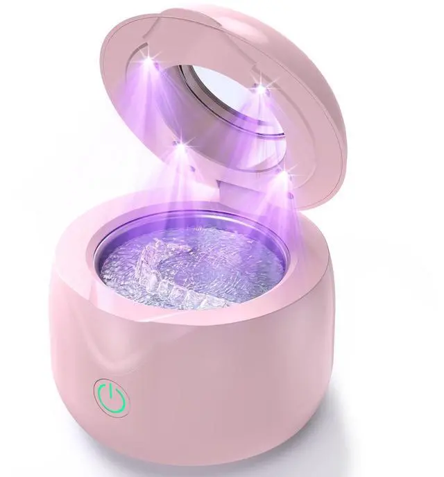 Ultrasonic Retainer Cleaner - UV Dental Cleaning Pod Night Guard Cleaner for Dentures, Aligner, Braces, Toothbrush Heads, Jewelry (Pink)