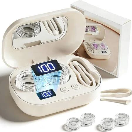 Ultrasonic Contact Lens Cleaner Case Portable Rechargeable, 3-Minute Deep Cleaning, Built-in Mirror & Tweezers, Dual Modes with Blue Light for Home, 