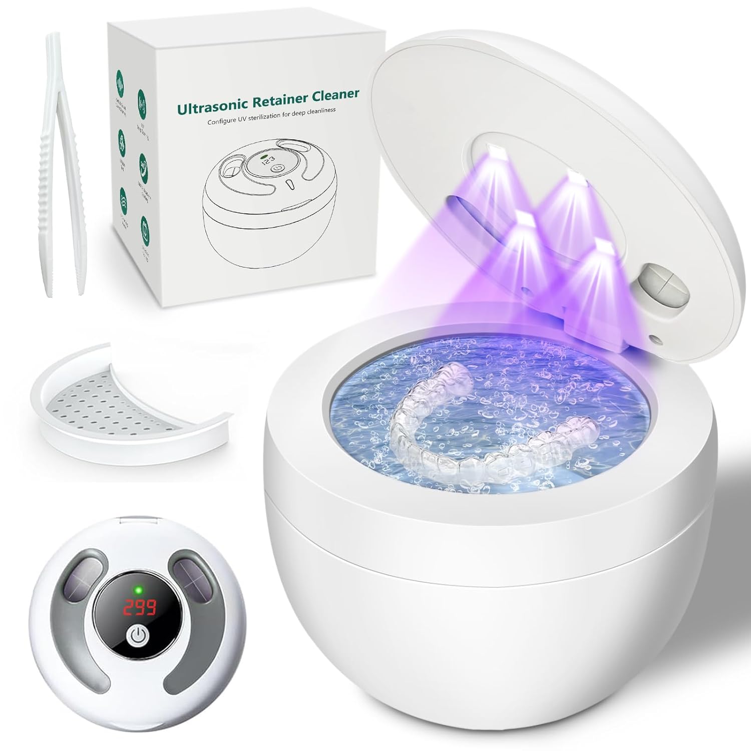 Dental Ultrasonic Retainer Cleaner Machine 45kHz, UV Denture Cleaner with 4 Modes Digital Timer, Portable 200ML UltraSonic Cleaning Pod for Night 