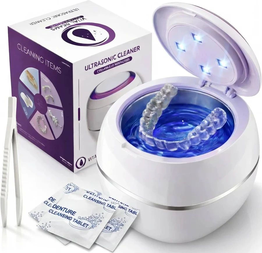 Ultrasonic Retainer Cleaner Machine With 3 Retainer Cleaning Tablets, 45kHz Dental Pod, Two Modes No Scrub Needed, Deep Cleaning For Dentures Aligners
