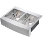 CMI Brimley Retrofit Dual Mount Stainless Steel 33 in. 1-Hole 50/50 Double Bowl Curved Farmhouse Apron Front Kitchen Sink