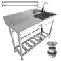 47in Kitchen Sink,Stainless Steel Commercial Sink With Workbench And Storage Shelf,Free Standing Utility Sink With Hot And Cold Water Connection,For